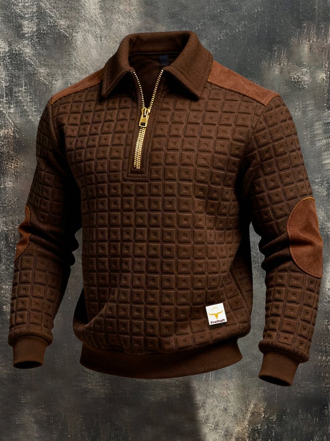 Men's Retro Jacquard Textured Patchwork Comfortable Color-Blocked Zip-Up Sweatshirt