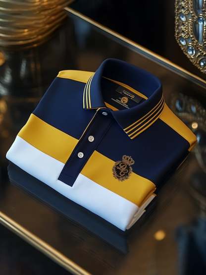 Men's Classic Business Check Logo Button Short Sleeve Polo Shirt