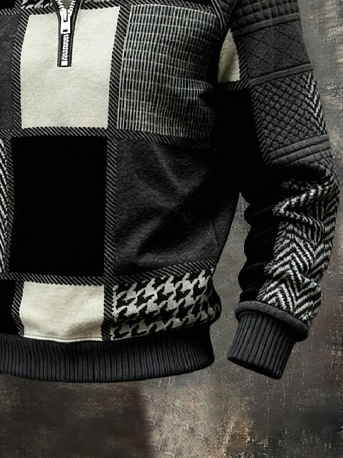 Men's Retro Textured Printed Sweatshirt with Fur Collar