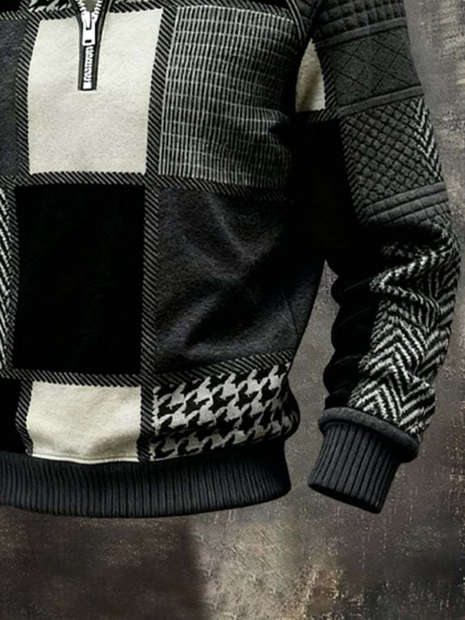 Men's Retro Textured Printed Sweatshirt with Fur Collar