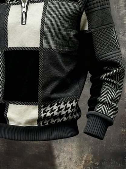 Men's Retro Textured Printed Sweatshirt with Fur Collar