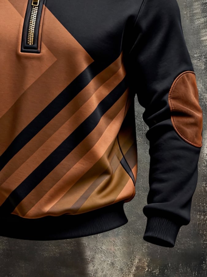 Men's Retro Color Block Print Color-Blocked Zip-Up Sweatshirt