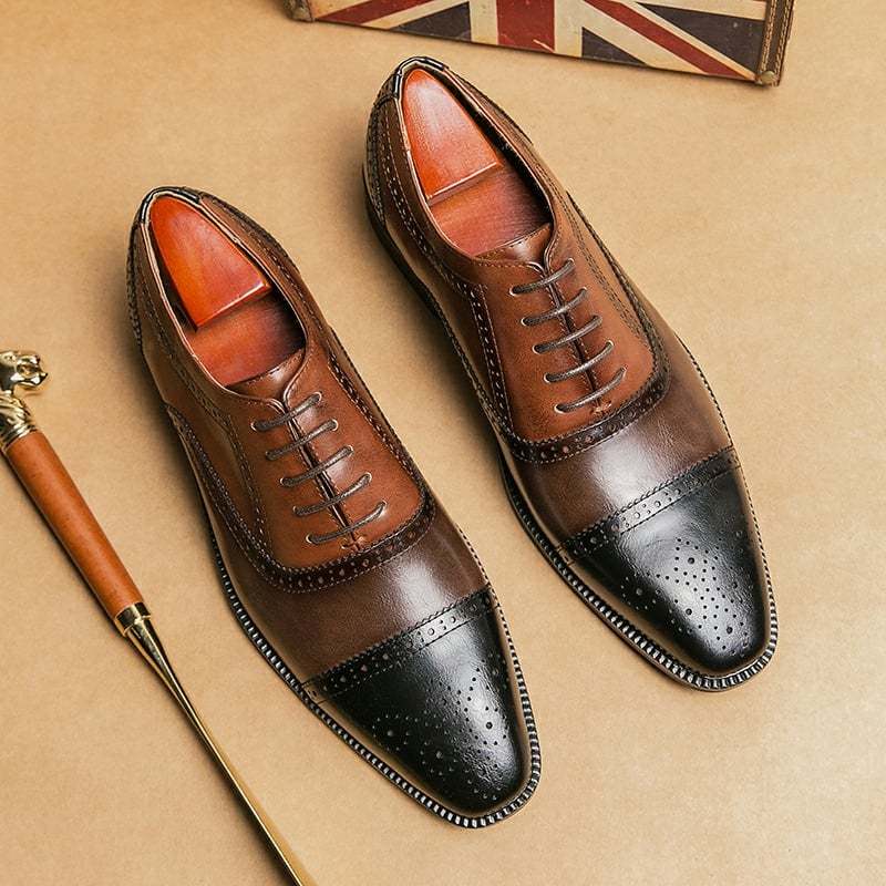 Men's Stylish Color Block British Casual Lace-Up Brogues Oxford Leather Shoes
