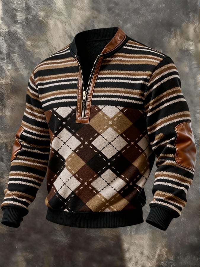 Men'S Casual Retro Contrast Color Half Zip Stand Collar Long Sleeve Sw