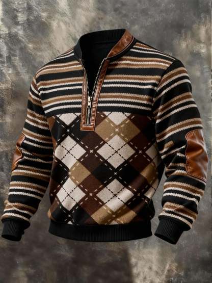 Men'S Casual Retro Contrast Color Half Zip Stand Collar Long Sleeve Sweatshirt