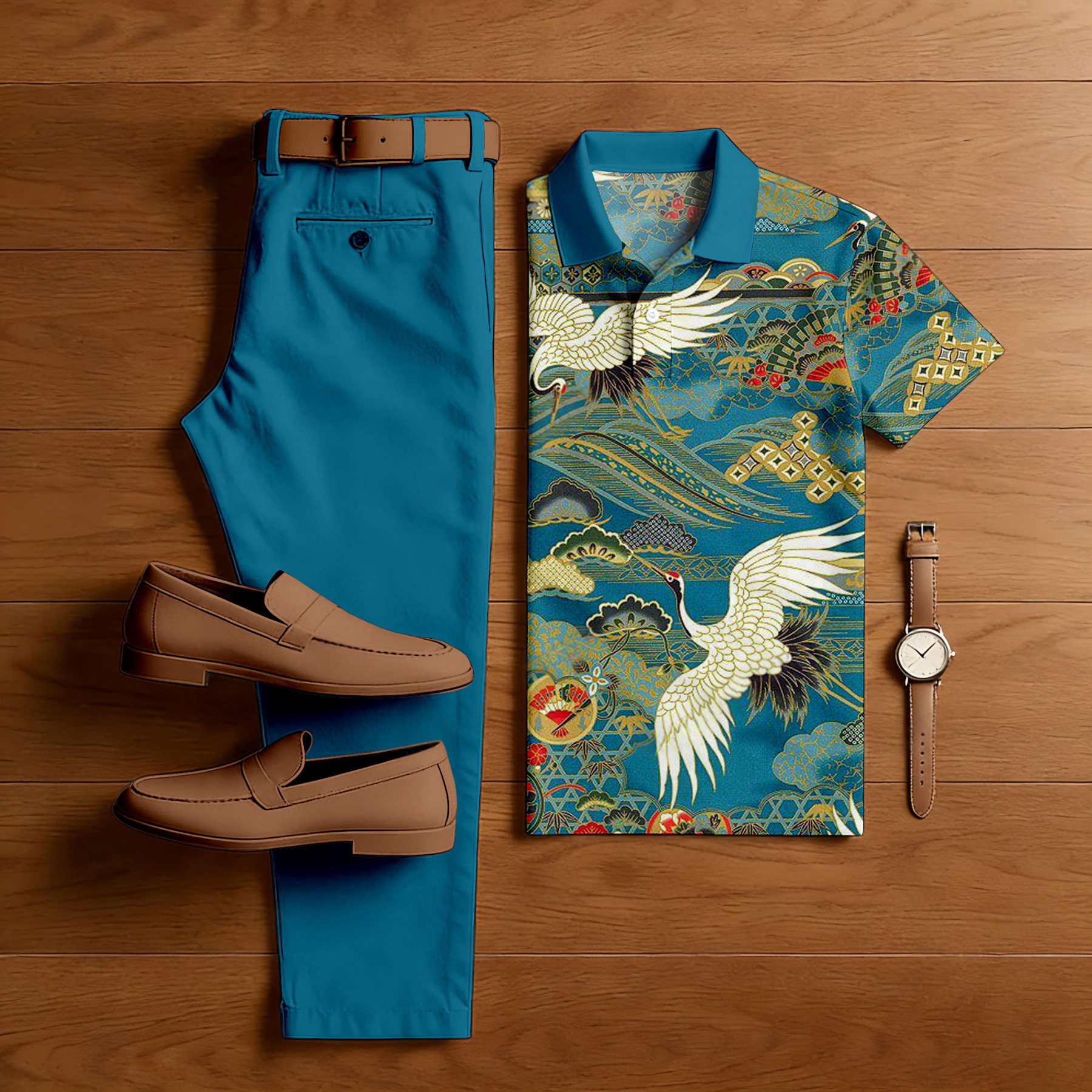 Men's Casual Green Crane Printed Polo Shirt And Pants Two-Piece Set