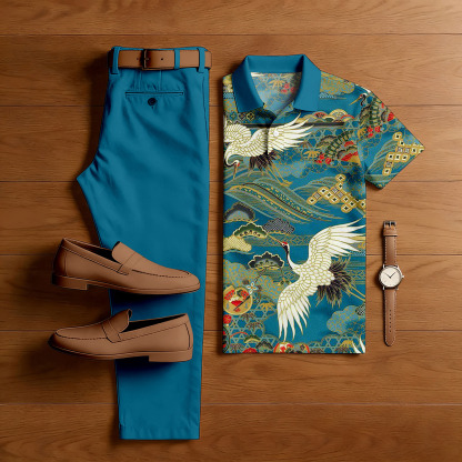 Men's Casual Green Crane Printed Polo Shirt And Pants Two-Piece Set