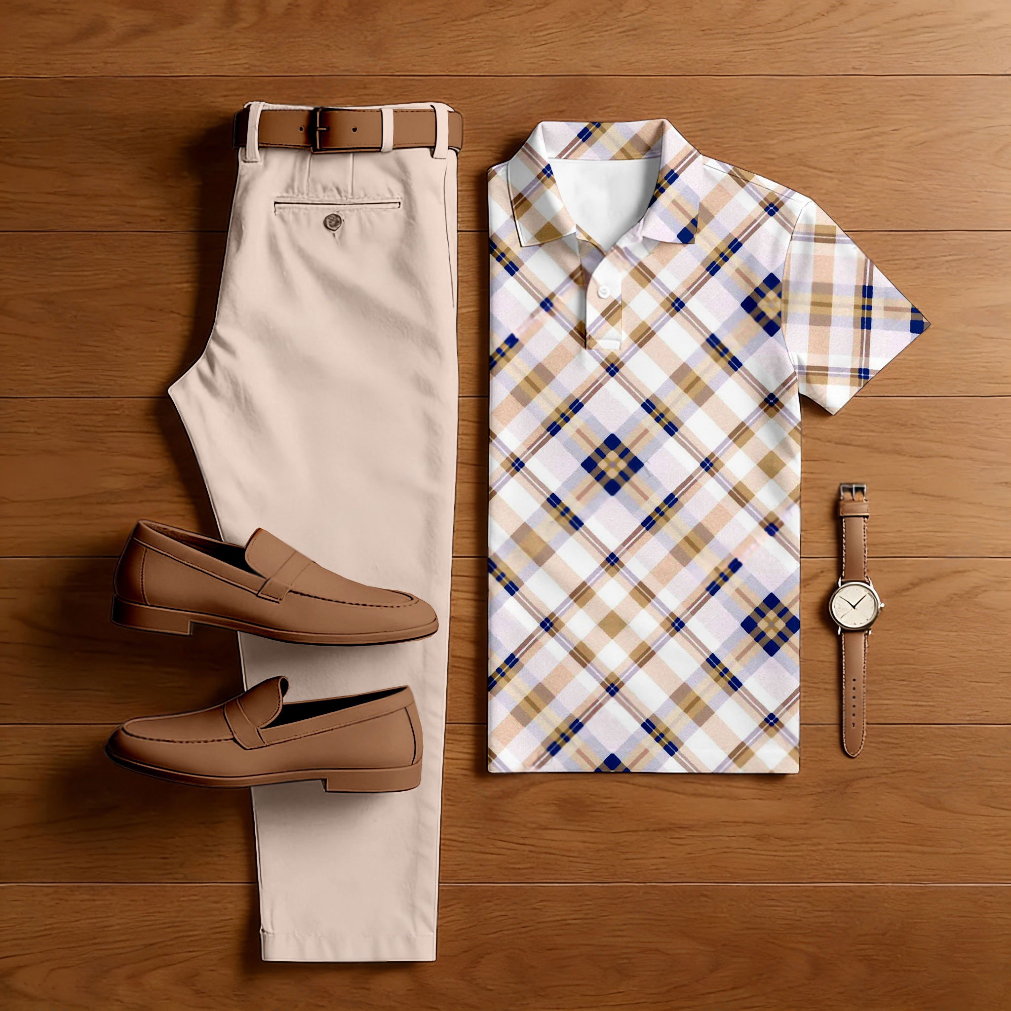 Men's Casual Pink & Navy Blue Color Matching Checkered Printed Short Sleeved Polo Shirt & Trousers Two-Piece Set