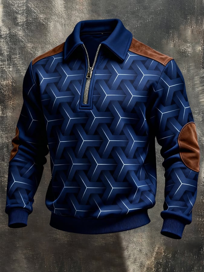 Men's Retro Color Block Print Color-Blocked Zip-Up Sweatshirt