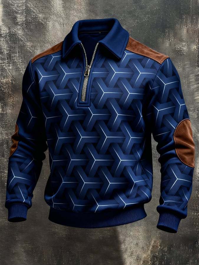 Men's Retro Color Block Print Color-Blocked Zip-Up Sweatshirt