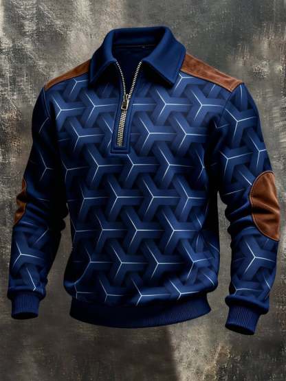 Men's Retro Color Block Print Color-Blocked Zip-Up Sweatshirt