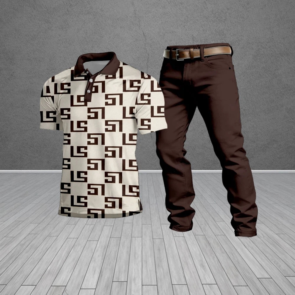 Men's Casual Brown Patterned Short-Sleeved Polo Shirt And Trousers Two-Piece Set