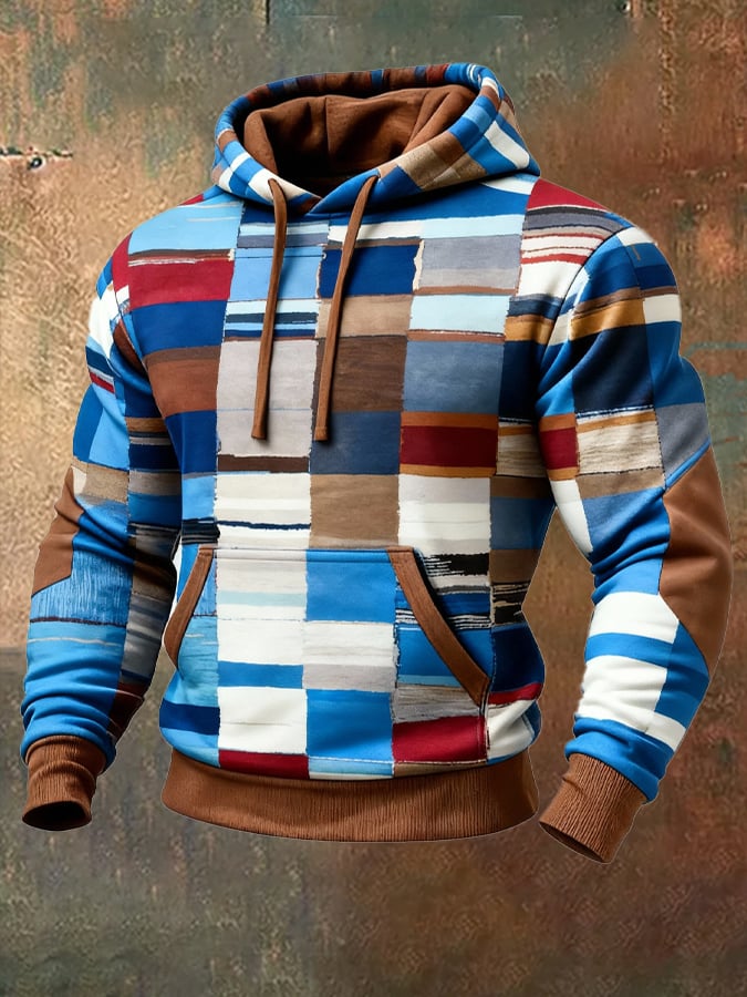 Men's Retro Distressed Color Block Print Casual Long Sleeve Sweatshirt