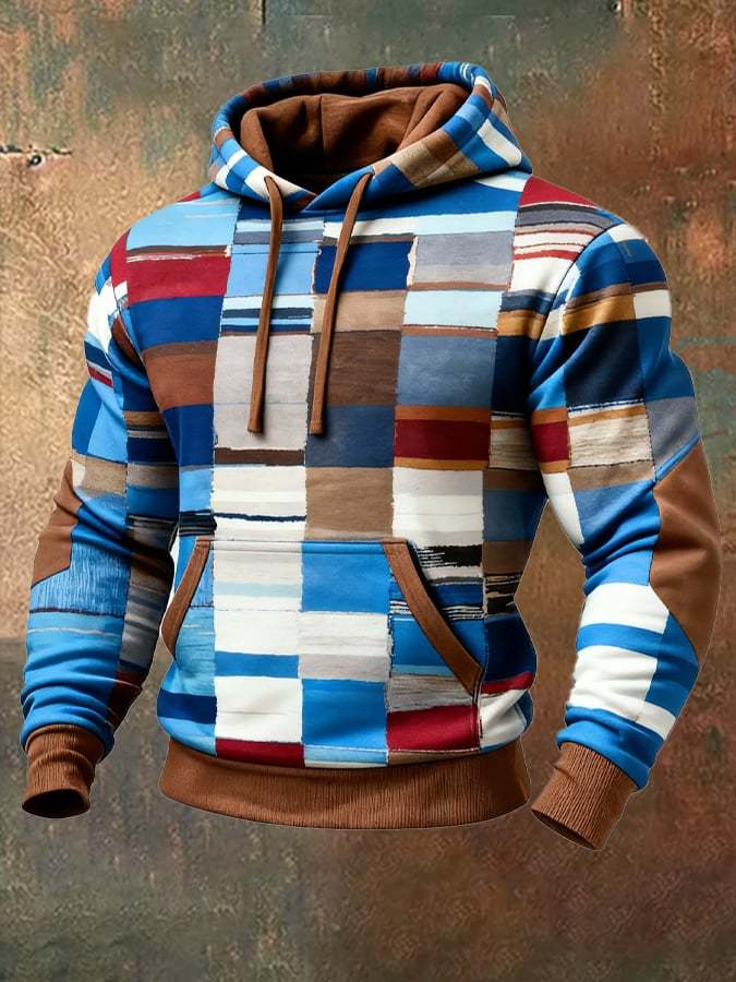 Men's Retro Distressed Color Block Print Casual Long Sleeve Sweatshirt