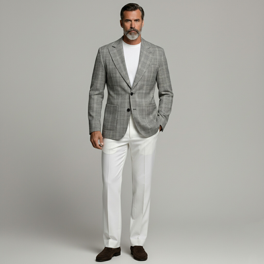 Men's Business Gray Plaid Print Two Button Patch Pocket Notch Lapel Blazer