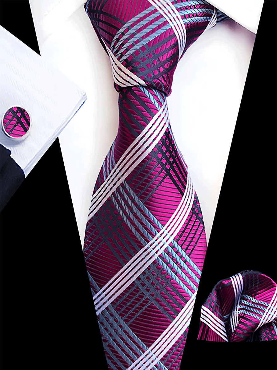 Men's Formal Work Tie Grey Yellow Striped Tie Pocket Square Cufflinks 