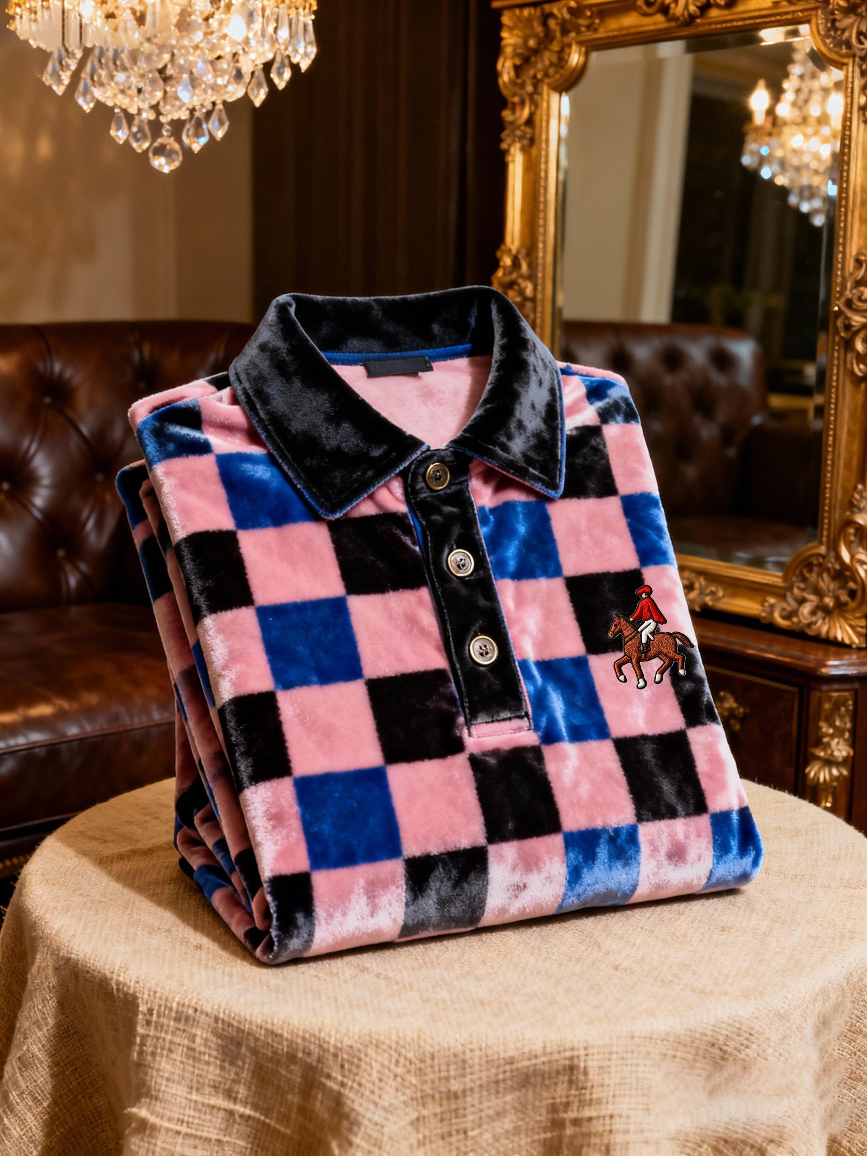 Men's Velvet Business Logo Print Long Sleeve Polo Shirt