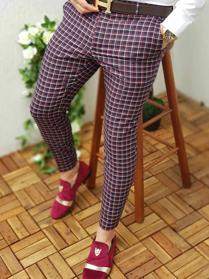 Casual Color Contrast Plaid Mid-Waist Men'S Trousers