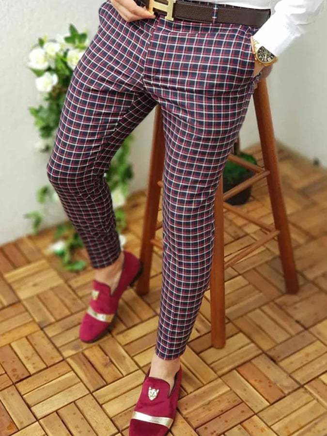 Casual Color Contrast Plaid Mid-Waist Men'S Trousers