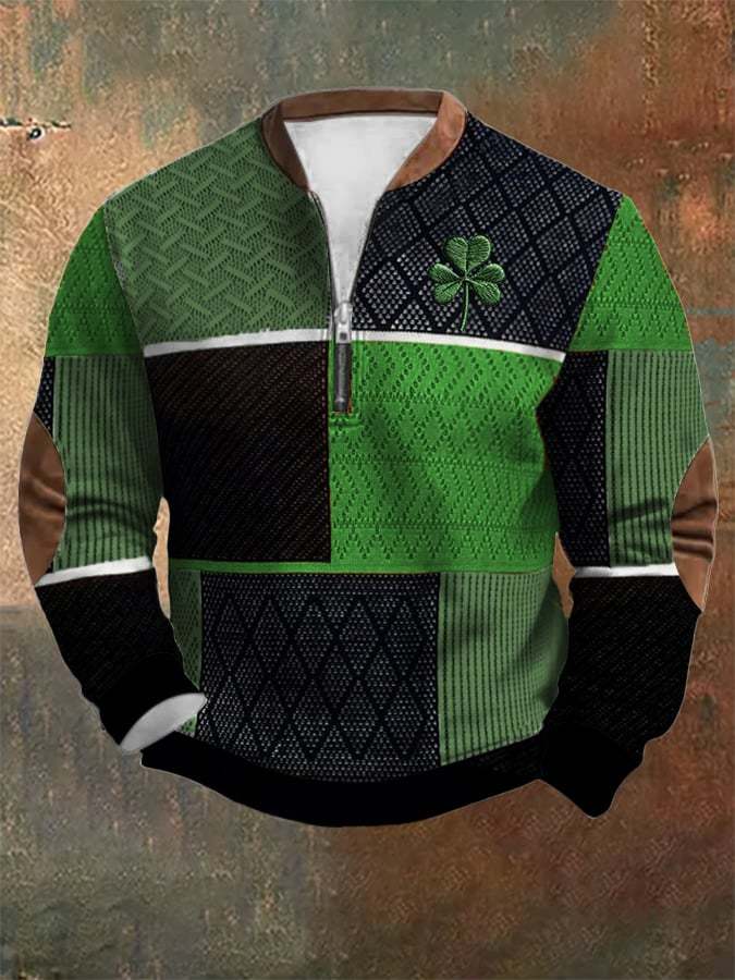 Men's St. Patrick's Day Textured Print Zip Collar Sweatshirt