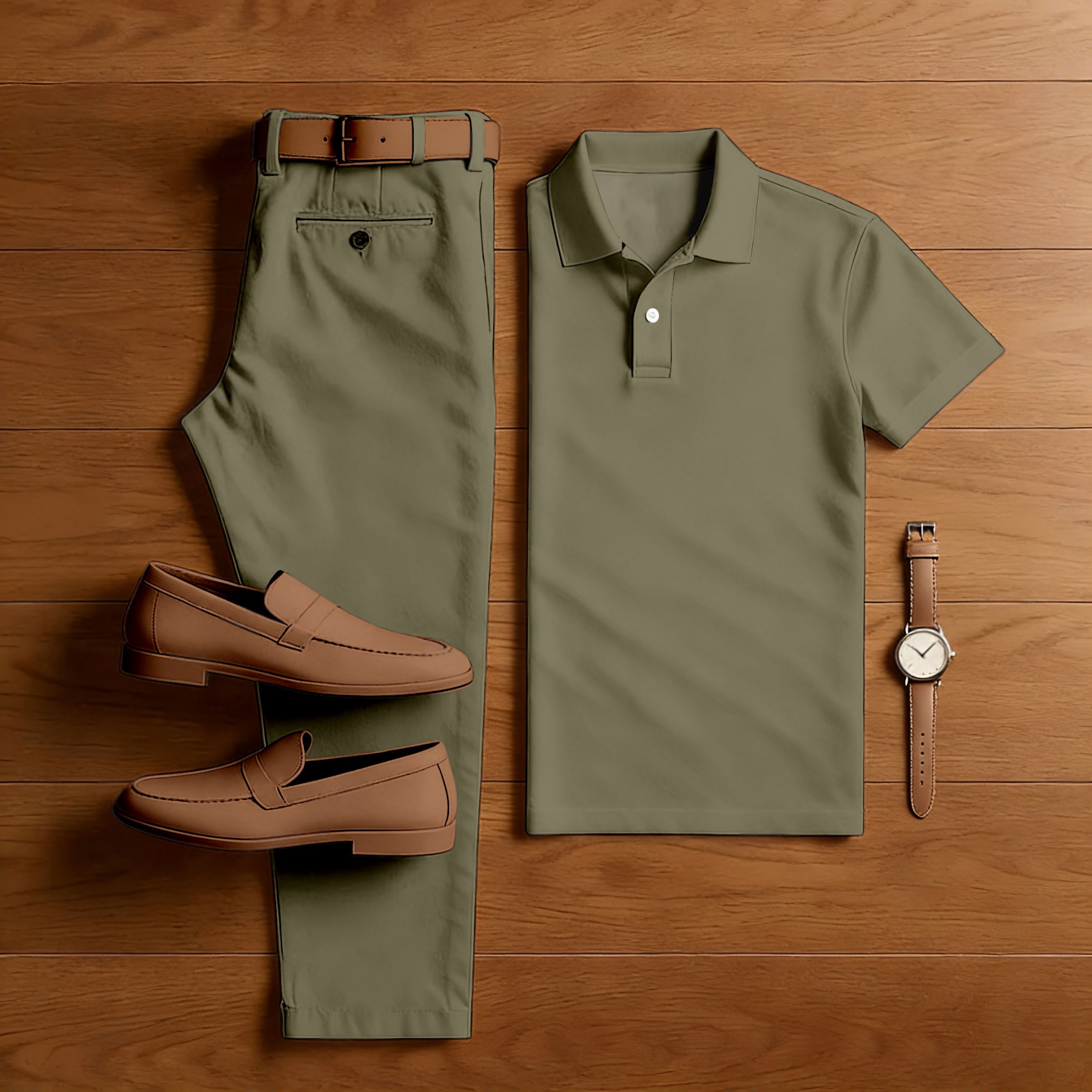 Men's Casual Army Green Short Sleeved Polo Shirt & Trousers Two-Piece Set