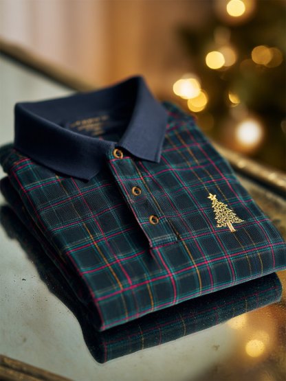 Men's Christmas Plaid Long Sleeve Polo Shirt