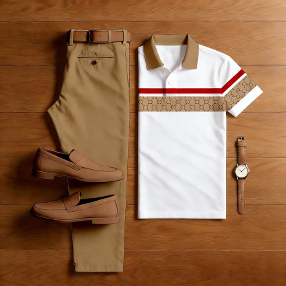 Men's Casual White Color Matching Striped Short Sleeved Polo Shirt & Khaki Trousers Two-Piece Set