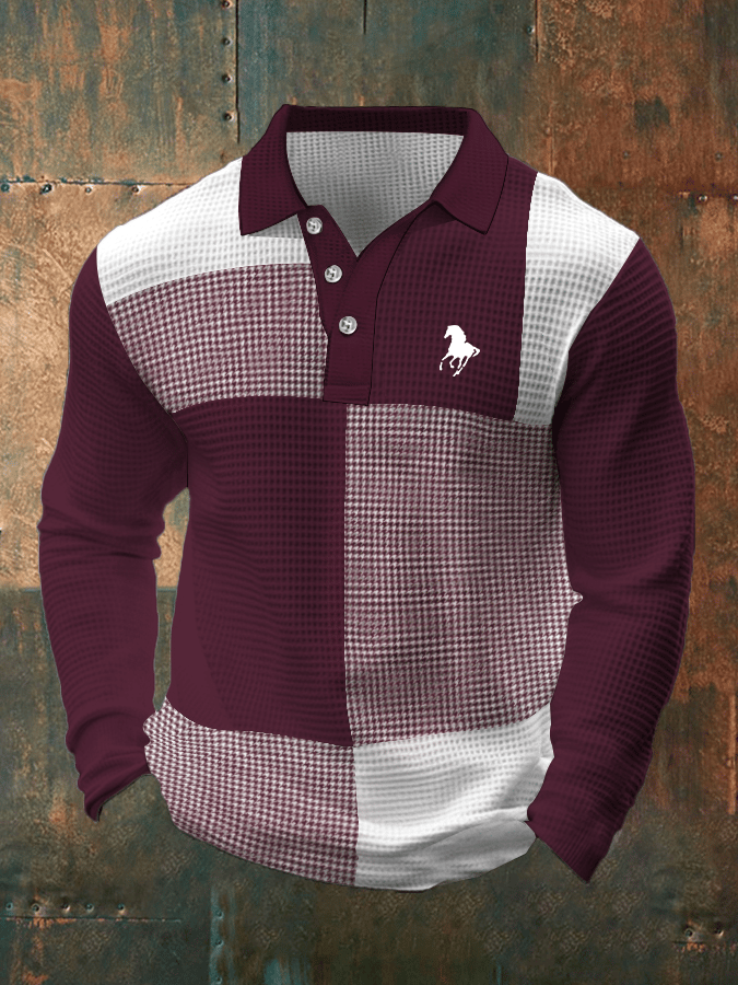 Men's Business Casual Waffle Fabric Long Sleeve Polo Shirt