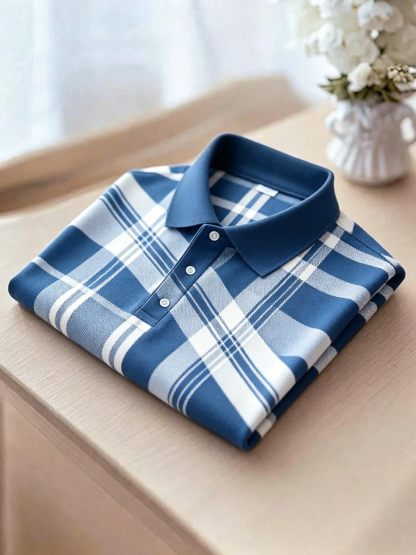 Classic Blue White Plaid Short Sleeve Polo Shirt