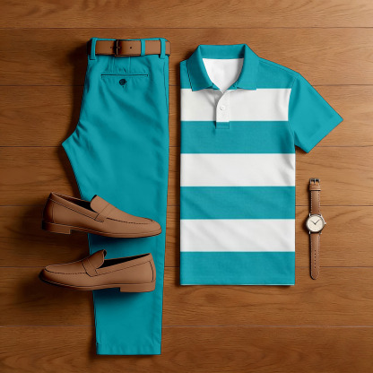 Men's Casual Lake Blue Color Matching Striped Printed Short Sleeved Polo Shirt & Trousers Two-Piece Set