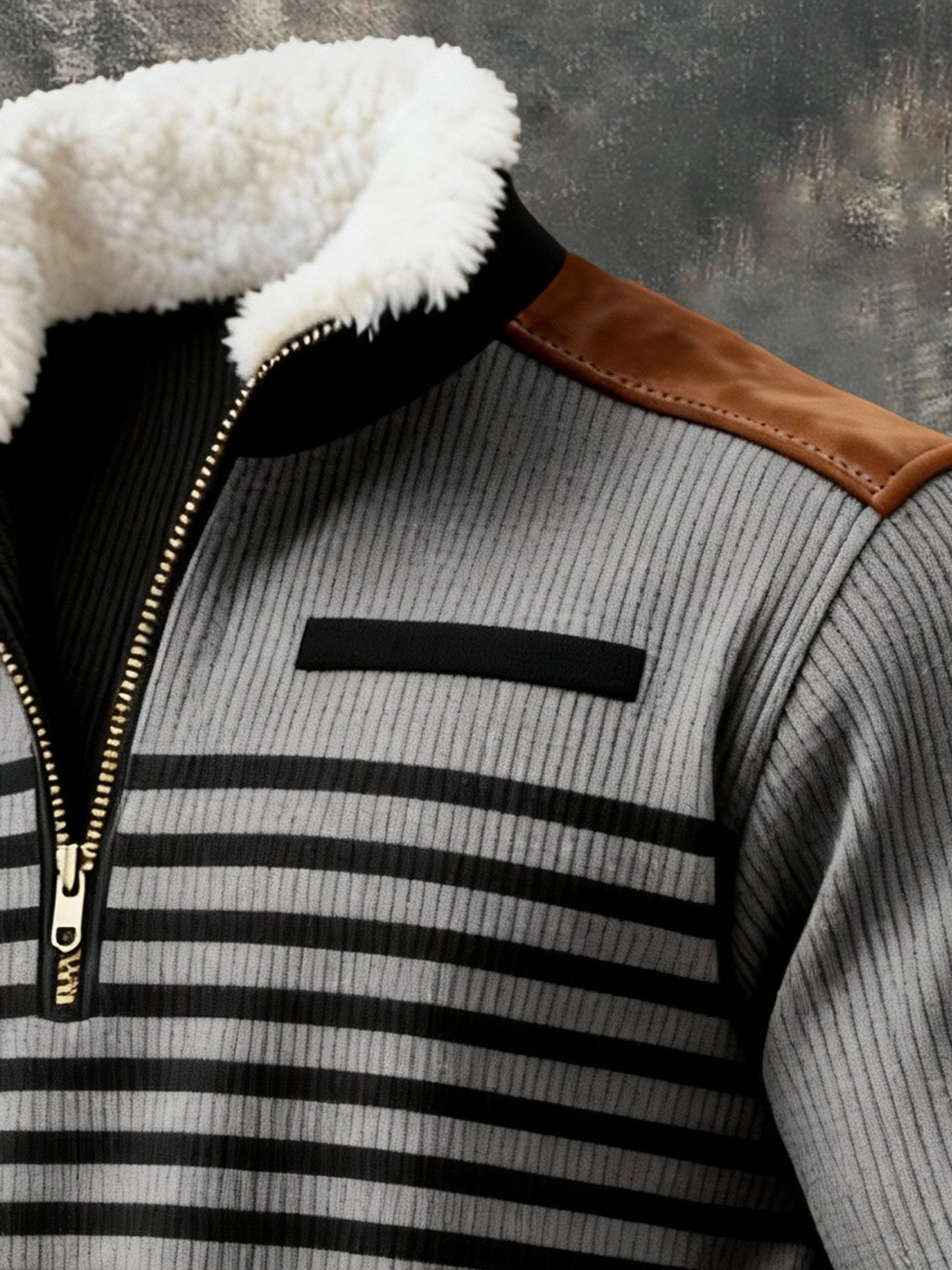 Men's Retro Color Block Print Fur Collar Sweatshirt