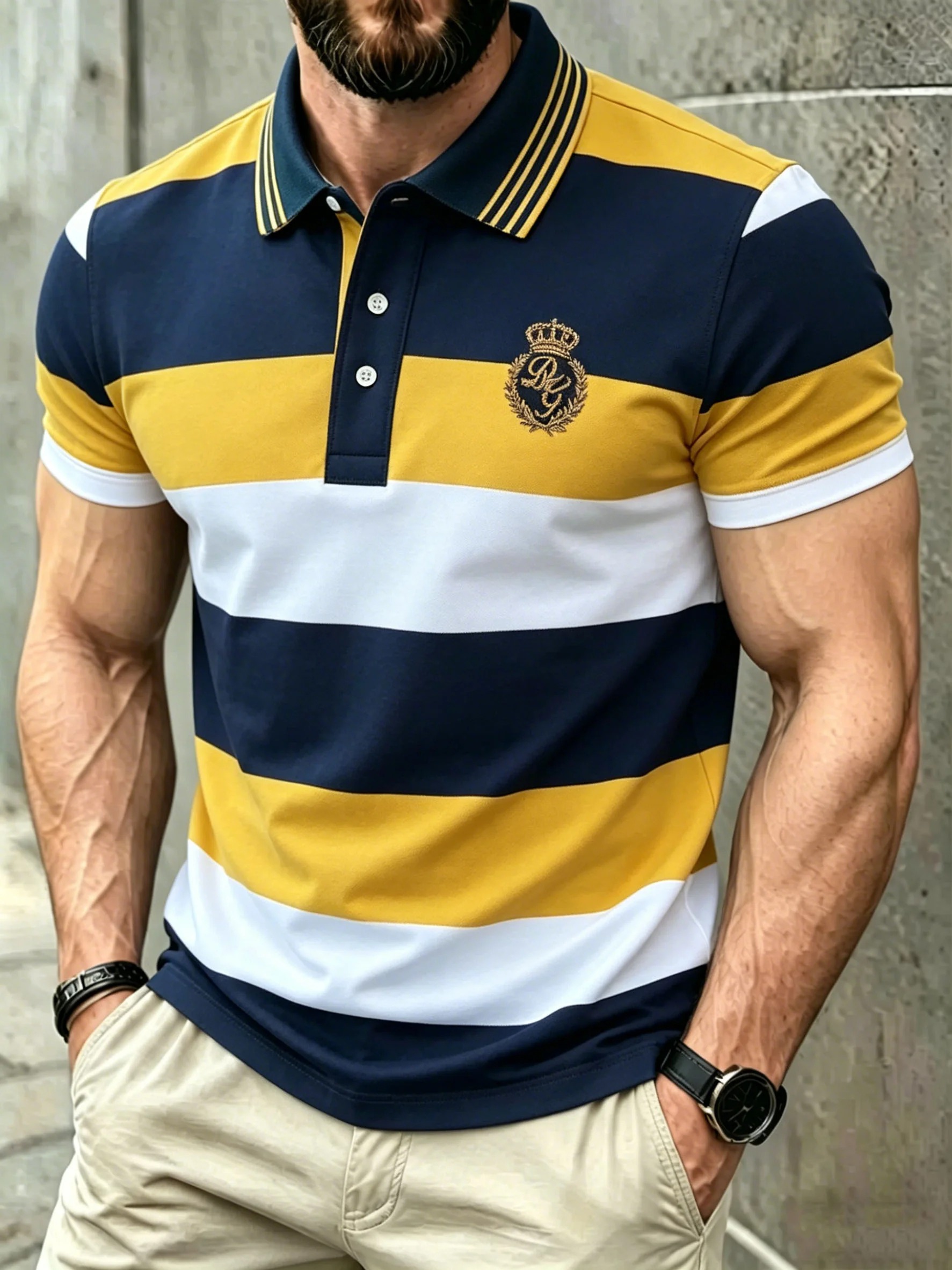 Men's Classic Business Check Logo Button Short Sleeve Polo Shirt