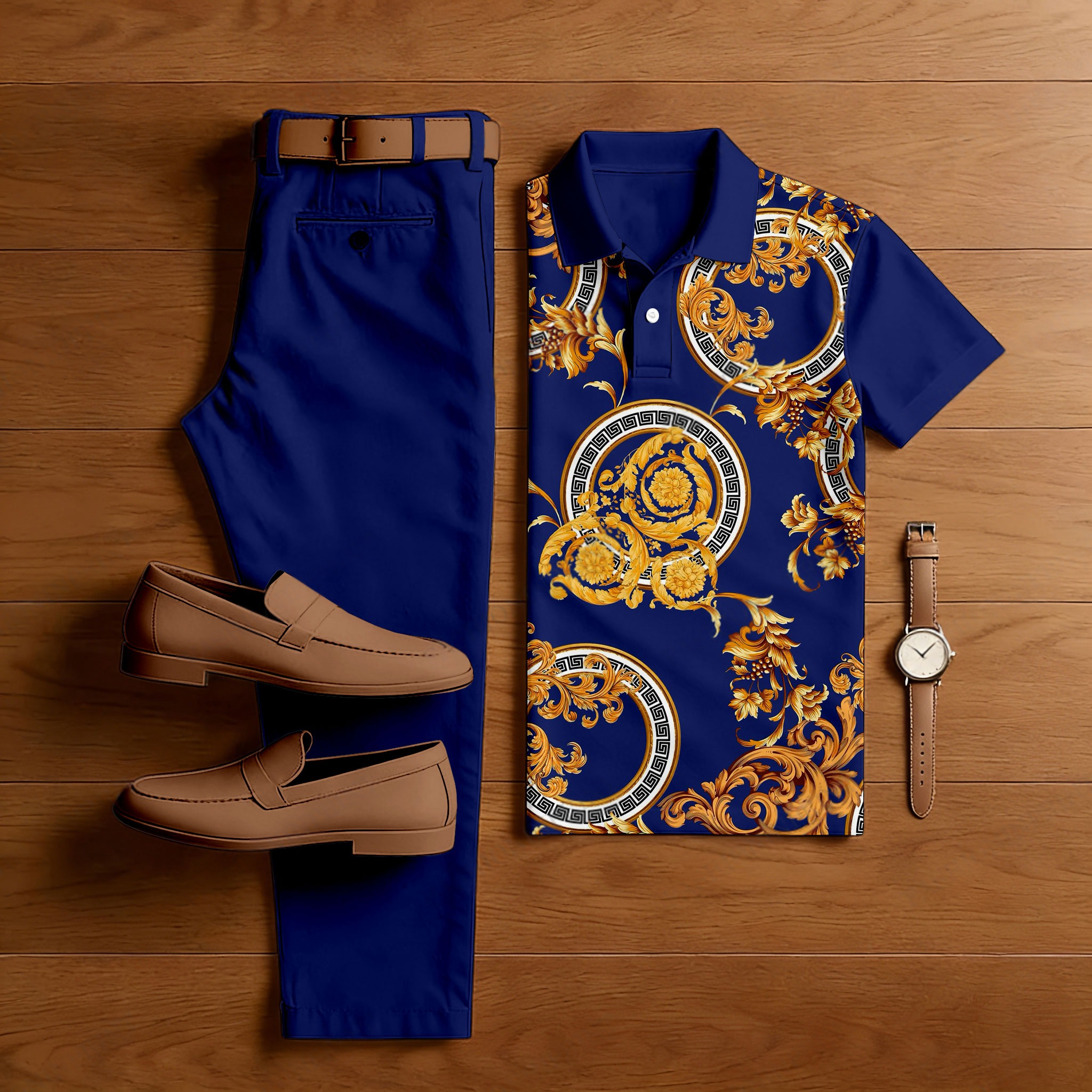 Men's Casual Royal Blue & Gold Color Matching Baroque Style Printed Short Sleeved Polo Shirt & Trousers Two-Piece Set