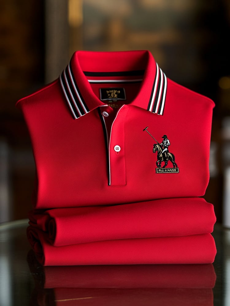 Men's Classic Business Check Logo Button Short Sleeve Polo Shirt