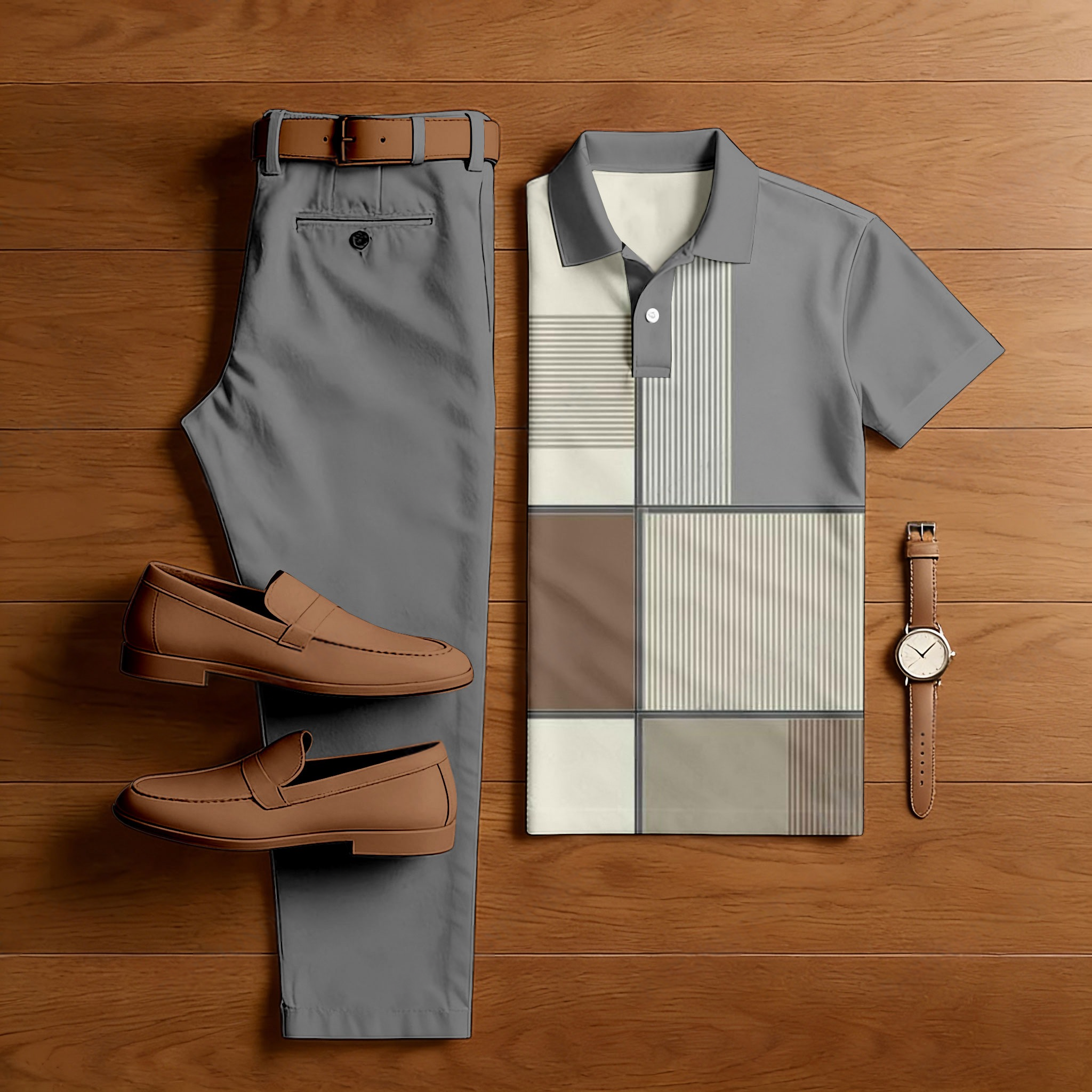Men's Casual Gray & Khaki Color Matching Geometric Printed Short Sleeved Polo Shirt & Trousers Two-Piece Set