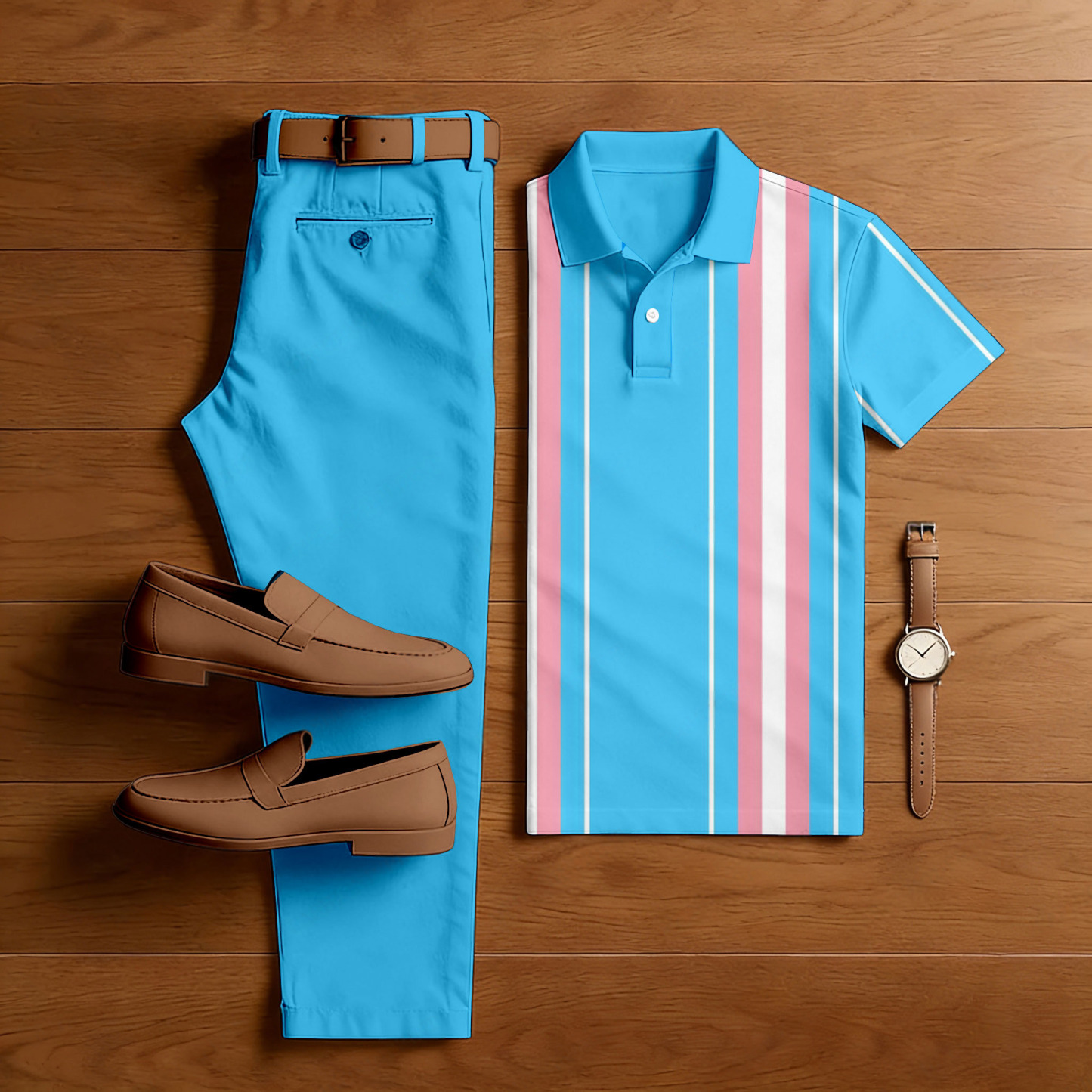 Men's Casual Royal Blue Printed Polo Shirt And Pants Two-Piece Set