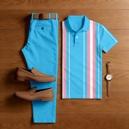 Men's Casual Royal Blue Printed Polo Shirt And Pants Two-Piece Set