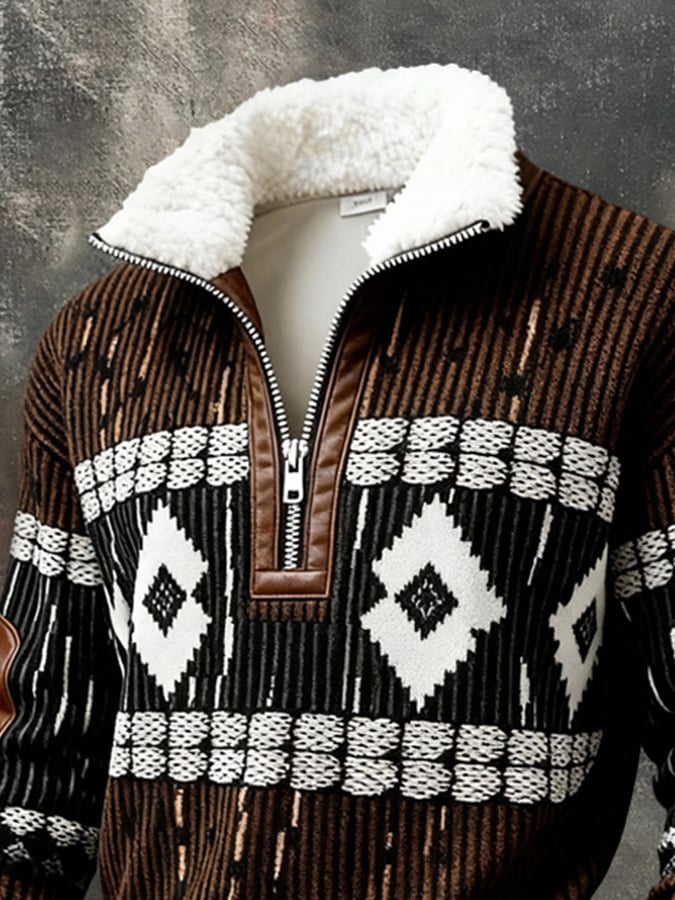 Men's Retro Textured Printed Sweatshirt with Fur Collar