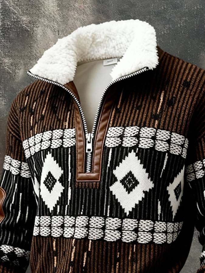 Men's Retro Textured Printed Sweatshirt with Fur Collar