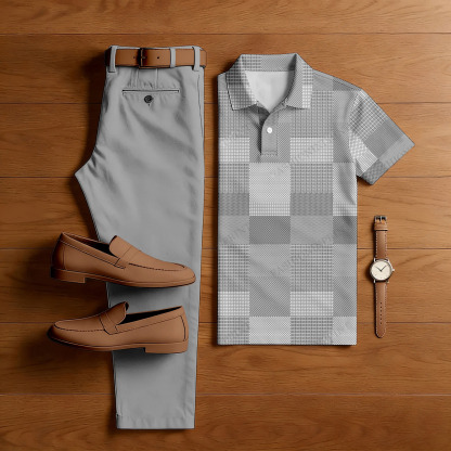 Men's Casual Gray Color Matching Checkered Printed Short Sleeved Polo Shirt & Trousers Two-Piece Set