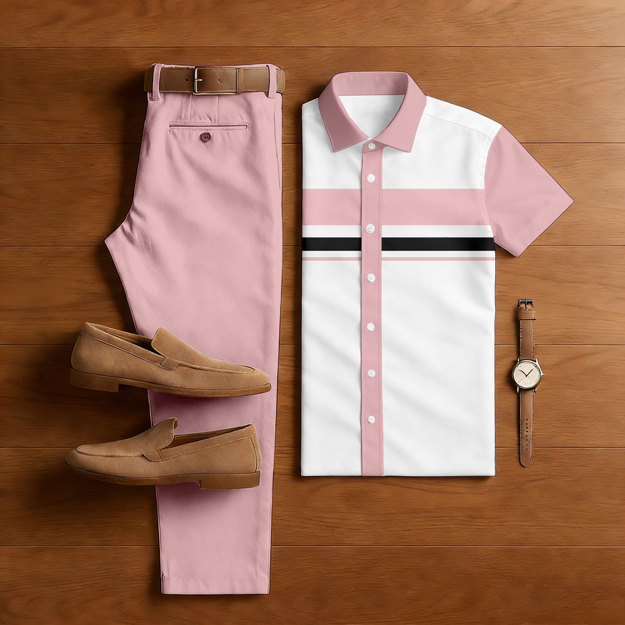 Men's Casual Pink & White Color Matching Geometric Printed Short Sleeved Shirt & Trousers Two-Piece Set