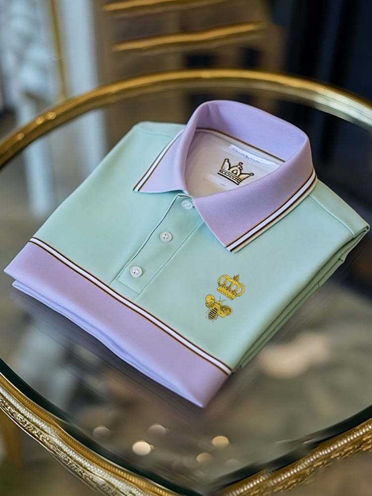 Men's Classic Business Check Logo Button Short Sleeve Polo Shirt