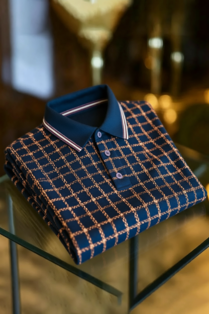 Navy Gold Lattice Luxury Short Sleeve Polo Shirt