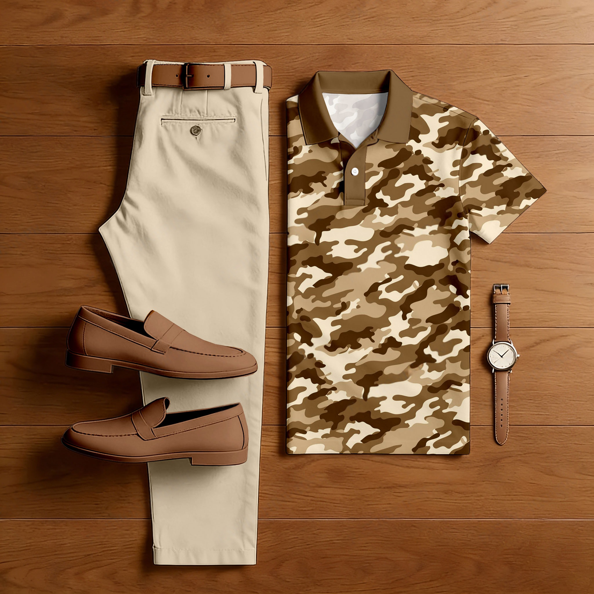 Men's Casual Brown & Khaki Color Matching Art Printed Short Sleeved Polo Shirt & Trousers Two-Piece Set