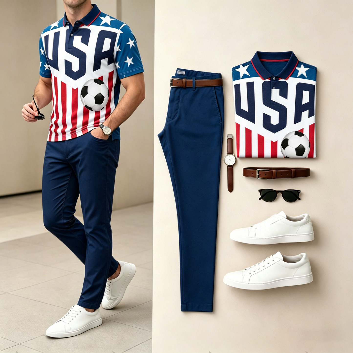 Men's Casual Colorful Soccer Ball Sporty Printed Polo Shirt And Pants Two-Piece Set