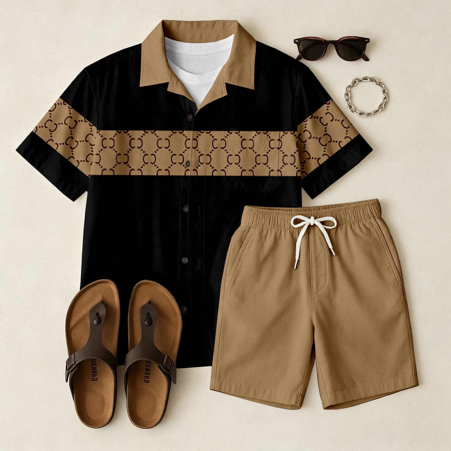Men's Casual Khaki Plaid Short-Sleeve Shirt And Printed Shorts Two-Piece Set