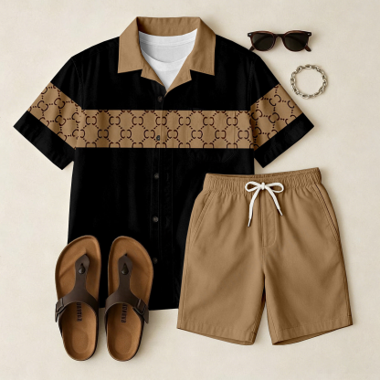 Men's Casual Khaki Plaid Short-Sleeve Shirt And Printed Shorts Two-Piece Set