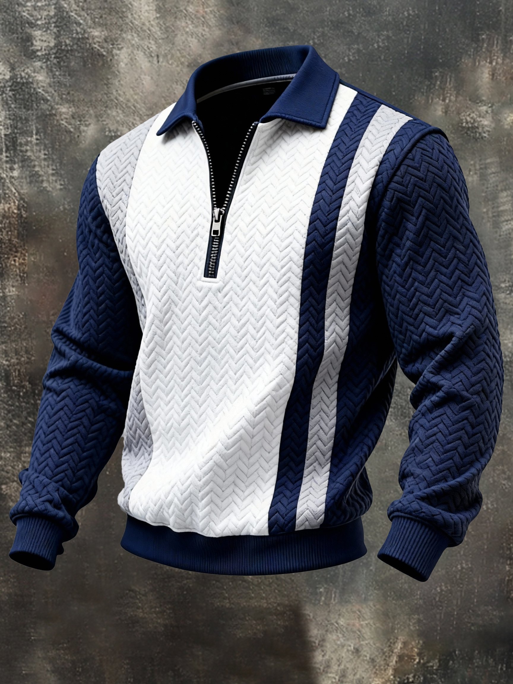 Men's Vintage Jacquard Textured Comfortable Color-Block Zip-Up Sweatsh