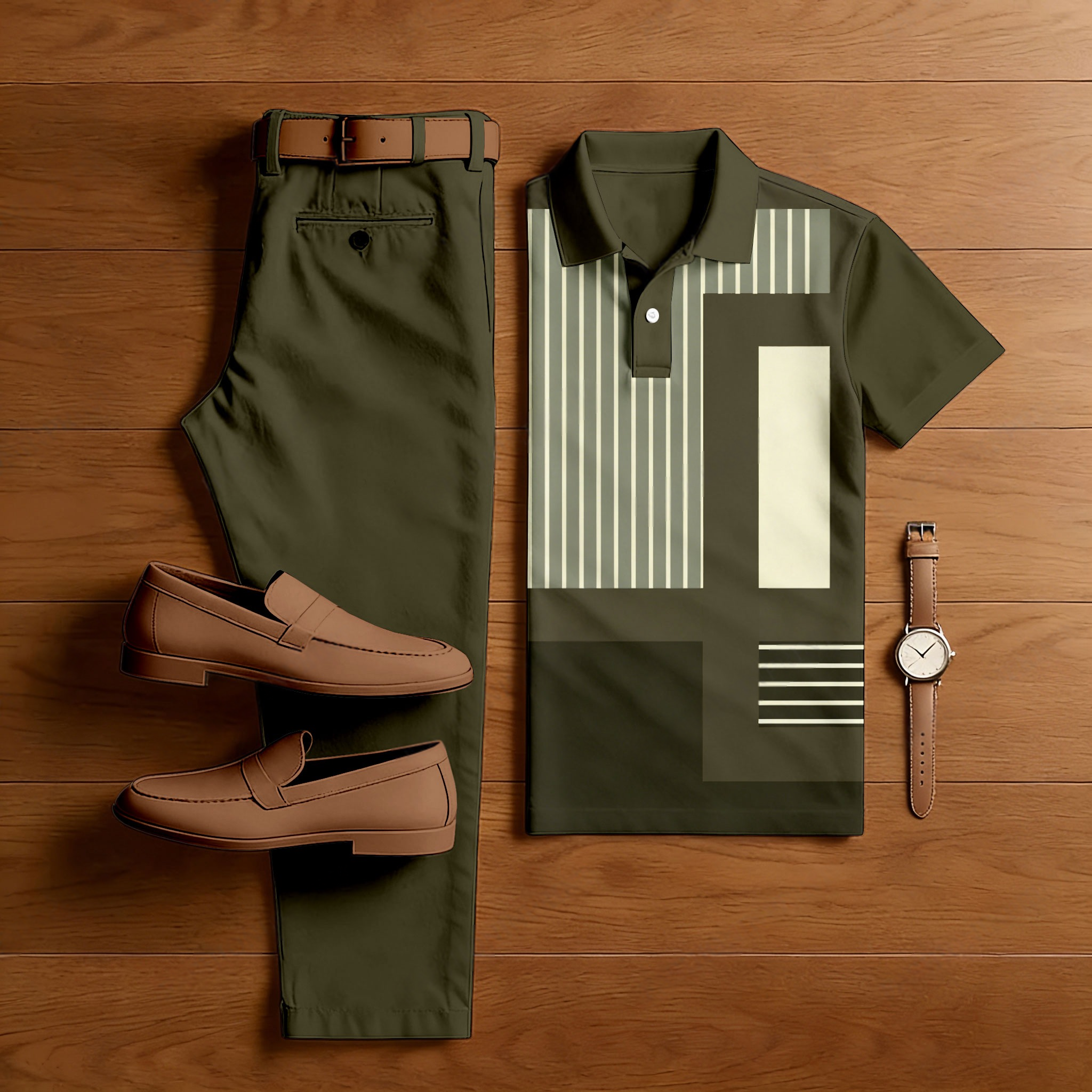 Men's Casual Army Green Color Matching Geometric Printed Short Sleeved Polo Shirt & Trousers Two-Piece Set