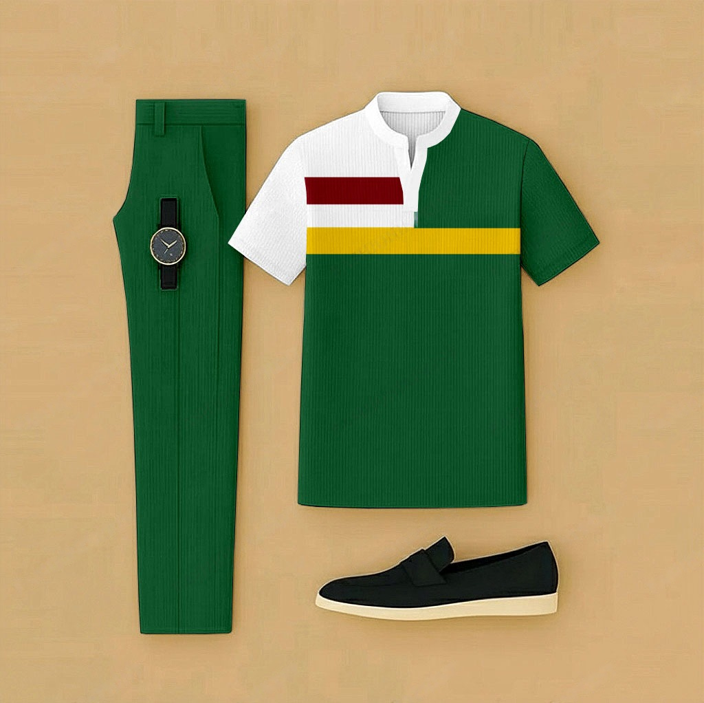 Men's Casual Green & White Color Matching Geometric Printed Short Sleeved Henry Collar T-Shirt & Trousers Two-Piece Set